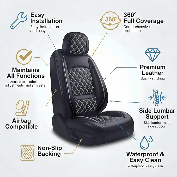 Car Seat Covers Compatible with Hyundai Equus 2011-2016 - Full Set 5 Seats Luxury Leather All-Weather Seat Cushions & Protectors, Waterproof & Breathable, Airbag Compatible (Whiteline)