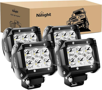 Nilight - 60001S-C LED Light Bar 4PCS 18W 1260lm Spot LED Pods Driving Fog Light Off Road Lights Bar Jeep Lamp,2 Years Warranty