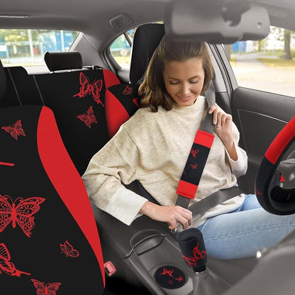 BBTO 43 Pcs Butterfly Car Seat Full Set Butterfly Car Accessories for Women 5 Front Rear Seat Covers Wrist Strap 2 Pcs Cup Mat Armrest Pad 2 Belt Xmas Cover Accessories for SUV(Red, Black)