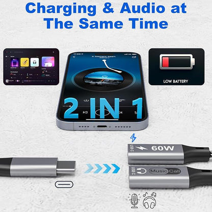 Dual USB C Headphone and Charger with PD 100W Fast Charging, USB C Splitter Audio and Charging Surpport Music, Calling, Dual Type C Dongle Adapter for iPhone 16/15 Series, iPad, MacBook, Android