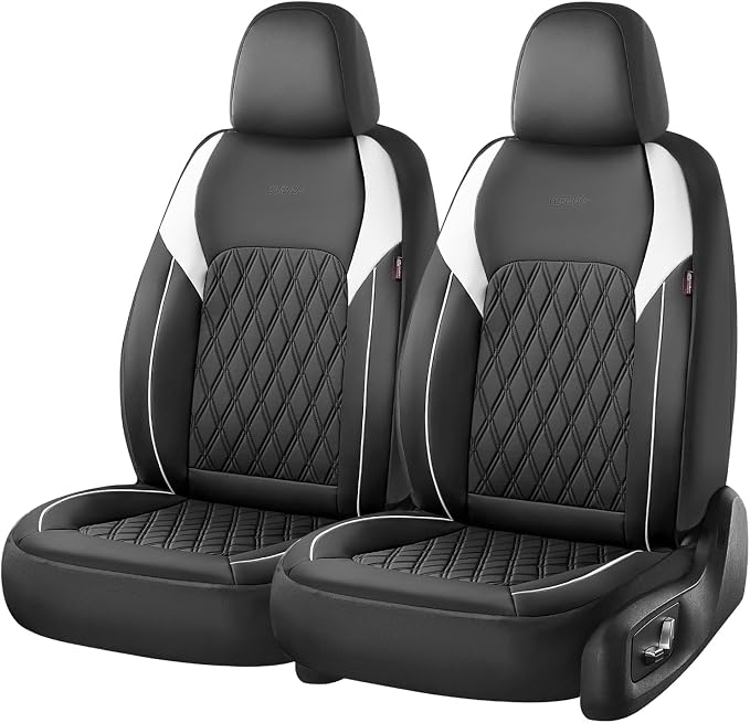 Coverado Car Seat Cover, Car Seat Covers Front Seats, Waterproof Car Seat Covers, Car Seat Cushion, Front Seat Covers Faux Leather Driver Car Seat Protector Fit for Most Cars Trucks SUV, Black&White