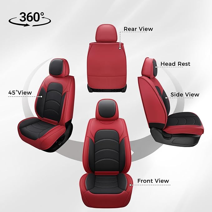 otoez Car Seat Covers Full Set, 5 Seats Waterproof Universal Leather Seat Cover for Cars, Front Rear Automotive Interior Protectors Full Coverage for Most Cars Sedens Trucks SUVs, Black+Red