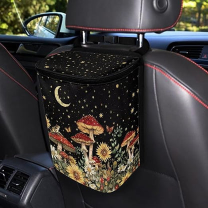 BIGCARJOB Mushroom Car Trash Can Bin for Back Seat, Portable Vehicle Trash Can with Mushroom Flower Print