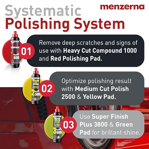 Menzerna Polishing Set 8oz – HCC1000, MCC2500 & SFP3800 | 3-Step System incl. 3 Matching 6-inch Pads for Scratch Removal, Swirl Elimination & Mirror-Like Finish