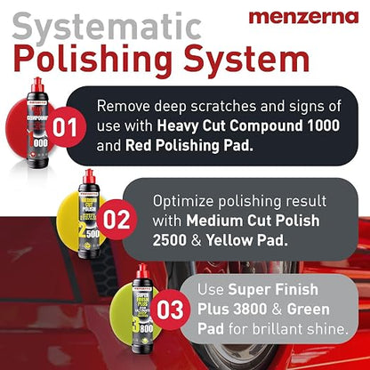 Menzerna Polishing Set 8oz – HCC1000, MCC2500 & SFP3800 | 3-Step System incl. 3 Matching 6-inch Pads for Scratch Removal, Swirl Elimination & Mirror-Like Finish