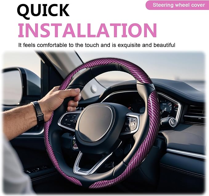 3pcs Universal Carbon Fiber Steering Wheel Cover - Anti-Slip & Segmented Design, Universal 99% Durable Steering Wheel Protector for Men and Women, Car Interior Accessory (Pink)