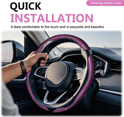 3pcs Universal Carbon Fiber Steering Wheel Cover - Anti-Slip & Segmented Design, Universal 99% Durable Steering Wheel Protector for Men and Women, Car Interior Accessory (Pink)