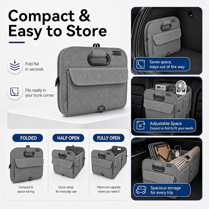 PAT SAM'S Trunk Organizer for SUV, Collapsible Car Trunk Organizer with Dividers, Waterproof 600D Oxford, Non-Slip Storage Organizer for Groceries, Tools, Travel, Truck & Car (Grey)