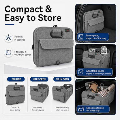 PAT SAM'S Trunk Organizer for SUV, Collapsible Car Trunk Organizer with Dividers, Waterproof 600D Oxford, Non-Slip Storage Organizer for Groceries, Tools, Travel, Truck & Car (Grey)