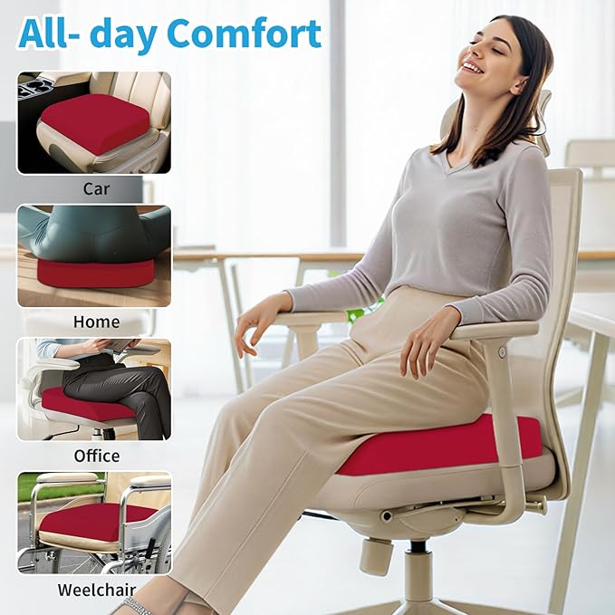 TranquilRelax 2XL Seat Cushion, Memory Foam Cushion for Long Sitting Hours on Office Chair, Car Seat, Non-Slip Chair Pad for Sciatica, Coccyx, Tailbone Pain Relief & Post-Surgery Recovery (Red)