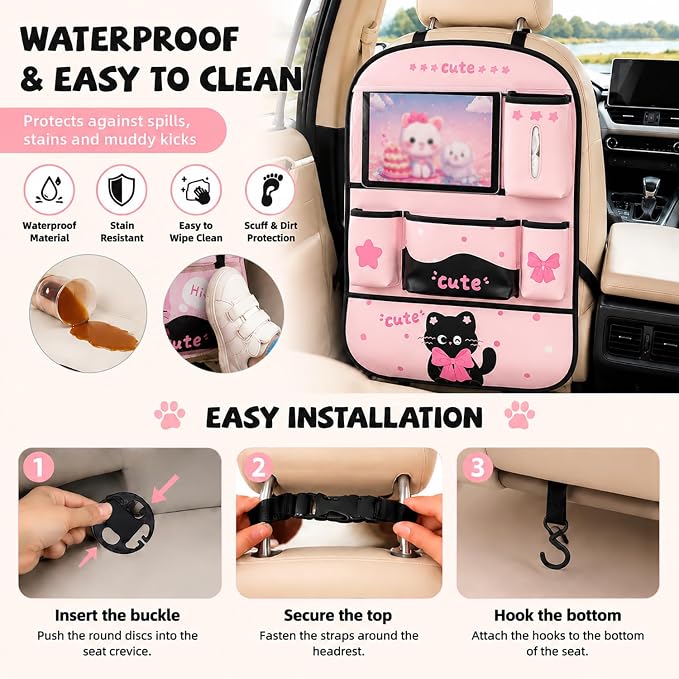 YUNZLAN Pink Black Backseat Car Organizer, Leather Kick Mats Back Seat Protector Organizer with Touch Screen Tablet Holder for Kids Travel Accessories
