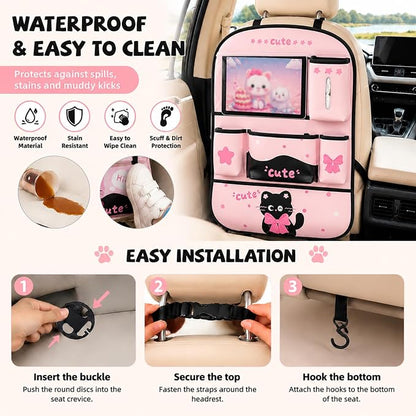 YUNZLAN Pink Black Backseat Car Organizer, Leather Kick Mats Back Seat Protector Organizer with Touch Screen Tablet Holder for Kids Travel Accessories