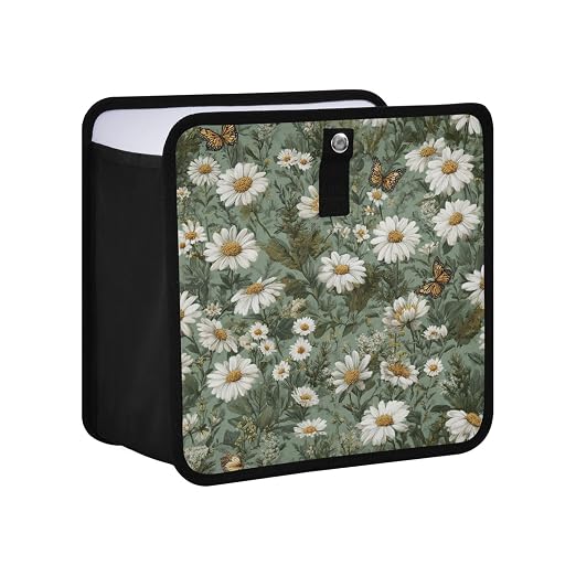 Car Trash Can Organizer Bin with Adjustable Strap for Back Front Seat Console Waterproof Leakproof Collapsible Portable 8.66 Inch Summer Daisy Butterfly Green
