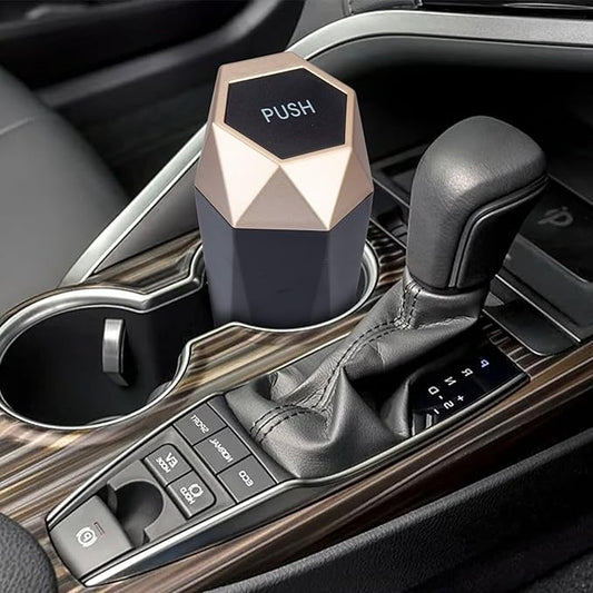 BFXM Car Trash Can, 2 Pack Car Trash Bin with Lid, Car Accessories for Women Interior, Car Garbage Can with Additional 2 ABS Hooks and 60pcs Trash Bags, Suitable for Home, Office, Car Organizer, Gold