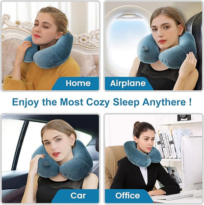 Keemall Inflatable Travel Neck Pillow for Airplane Train Car Washable Pillowcase U Shaped Office Napping Pillow