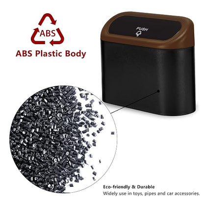 Ginsco Mini Car Trash Can with Lid, Small Car Garbage Can, Cute Leakproof ABS Car Trash Bin, Car Accessories for Interior, Garbage Bin for Car, Home, Office with 60pcs Trash Bags Black/Brown