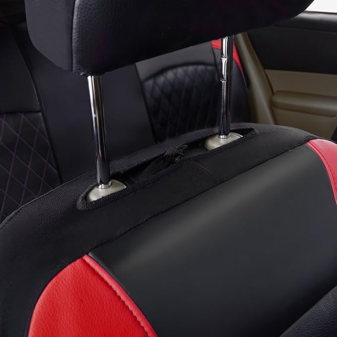 Universal Faux Leather Car Seat Covers Full Set Airbag Compatible Breathable Fit for Cars Trucks SUVs Deluxe Pu Luxury Vinyl(Black with Red)
