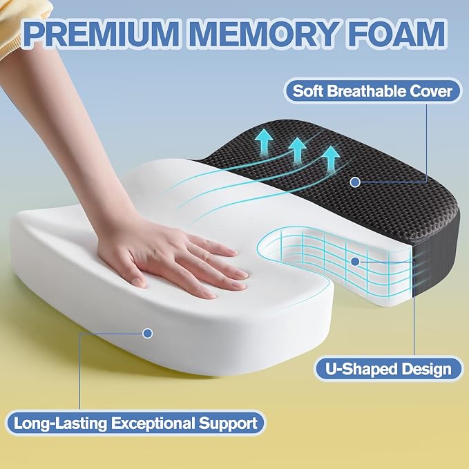 Mureon Office Chair Cushion - Large Memory Foam Ergonomic Chair Cushion for Back & Hip Pressure Relief - Non-Slip Seat Cushion for Car, Desk Chair & Tailbone Pain - Soft Support - Black