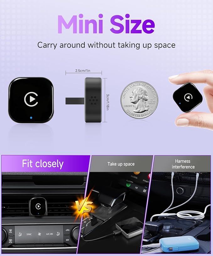 Upgrade 2 in 1 Mini Wireless Car Play Adapter Support Apple CarPlay and Android Auto, Fit for Convert Wired to Wireless, Auto Connect for Daily Commute, Plug and Play Dongle (Black, 2 in 1)
