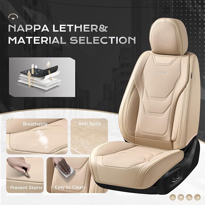 Coverado Car Seat Covers Front Seats, 2 Piece Car Seat Protector Waterproof Leather Seat Cushion Universal Fit for Truck Automotive Vehicles Beige