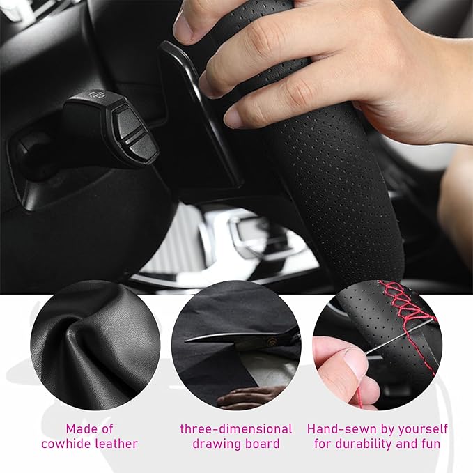 Ziciner Genuine Leather Steering Wheel Cover, Stitch on Wrap, Breathable Anti-Slip Car Steering Wheel Protector for Max Diameter 15 Inch, DIY Sewing with Needles Thread (Black/Red Line, Hole)