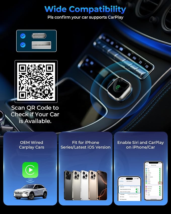 Wireless CarPlay Adapter for Apple iPhone - Upgrade Wired CarPlay to Wireless Device, Mini T-Shaped for Car USB Plug and Play Auto Reconnect, for GPS Navigation Audio Satellite Radio Equipment