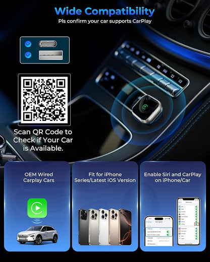Wireless CarPlay Adapter for Apple iPhone - Upgrade Wired CarPlay to Wireless Device, Mini T-Shaped for Car USB Plug and Play Auto Reconnect, for GPS Navigation Audio Satellite Radio Equipment