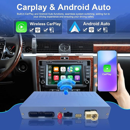 Wireless CarPlay and Android Auto Retrofit Kit for VW Volkswagen Phaeton RNS510 System, OEM Screen Adapter with Standard HDMI-in, Supports Phone Mirroring for YouTube, Backup and 360 Camera