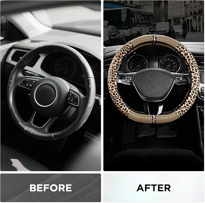 Road Comforts Leopard Steering Wheel Cover for Women, Cute Anti-Slip Microfiber Leather, Fits D Shape Flat Bottom Steering Wheel 14.5-15 Inch - Beige