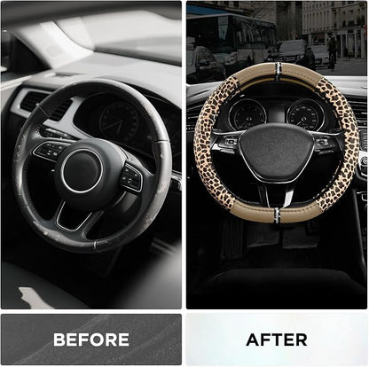 Road Comforts Leopard Steering Wheel Cover for Women, Cute Anti-Slip Microfiber Leather, Fits D Shape Flat Bottom Steering Wheel 14.5-15 Inch - Beige