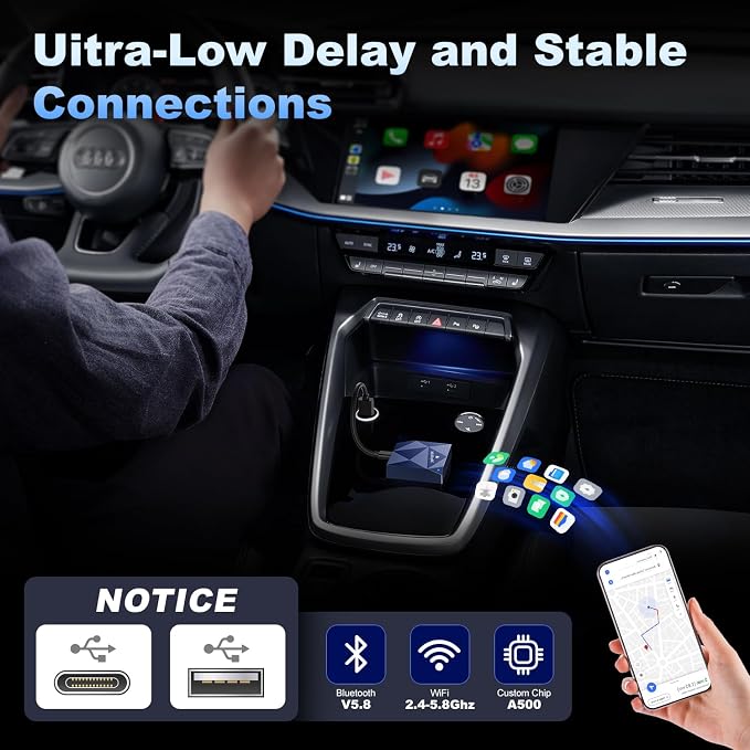 Android Auto Wireless Adapter for Factory Wired Android Auto Cars from 2016, Converts Wired to Wireless, Support NFC Quick Connect, Plug & Play Low Latency and Easy to Install