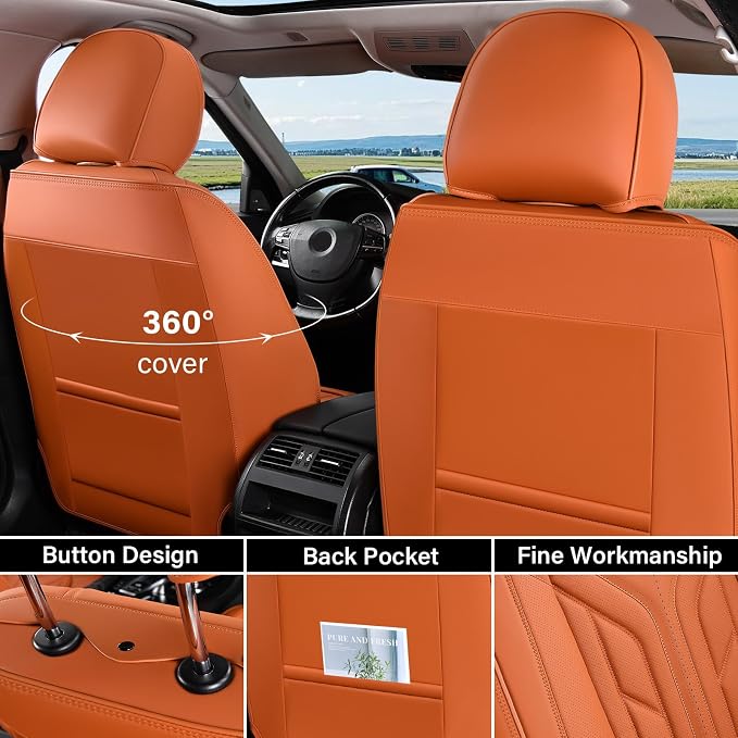 Coverado Car Seat Covers Full Set, Automotive Seat Covers Car Seat Protector Car Seat Cushion, Waterproof Leather Seat Covers for Cars, Universal Fit for Most Sedans SUV Pick-up Truck(Orange)