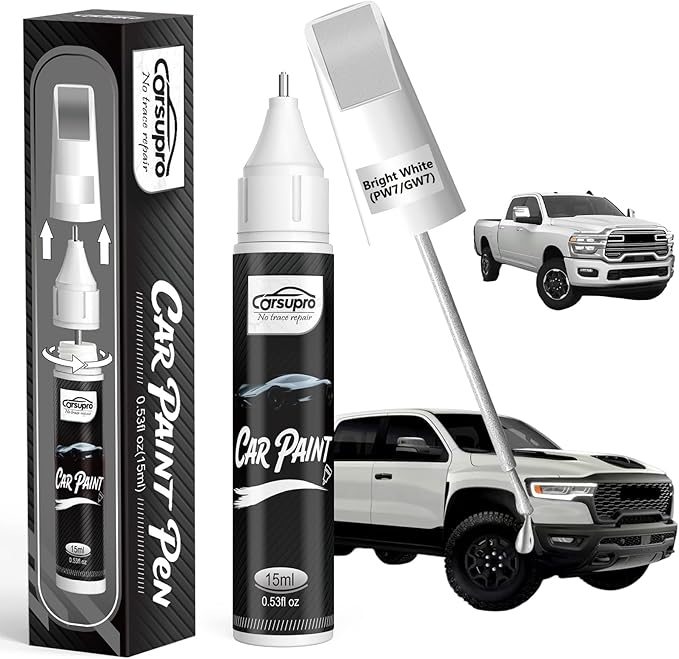 Bright White(PW7/GW7) for Ram Touch Up Paint Pen, 2 in 1 Car Scratch Remover with Pen Tip and Brush, Precise Color Match for Car Paint Scratch Repair, Quickly and Easily Fix Chips and Nicks