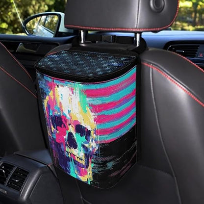 Talayituse Paint Splatter Skull Print Car Trash Bin, Large Size Auto Trash Can Adjustable Portable Garbage Can with Lid, Vehicle Hanging Bag for Headrest Front Back Seat