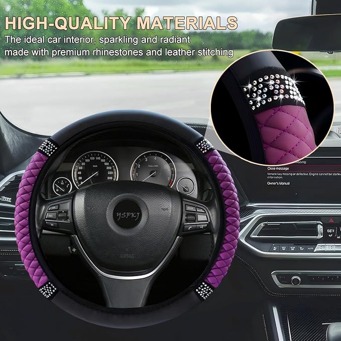 Soft Leather Car Steering Wheel Cover, Universal 15 Inch Colorful Rhinestones Anti-Slip Elastic Steering Wheel Covers for Most Cars, Sparkly Crystal Diamond for Women Girls (Purple)