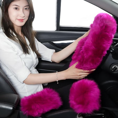 Fuzzy Genuine Sheepskin Steering Wheel Cover Set for Women Parents-Fluffy Soft Australian Merino Wool Wrap with Gear Shift and Hand Brake Covers, Cozy Stylish Luxury Car Accessories (Hot Pink)