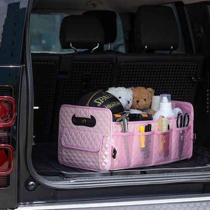 JiatuA Car Trunk Organizer for SUV, Car Storage Organizer Collapsible Multi Compartment Container Box, Adjustable Car Accessories for Women/Men, Large Pink