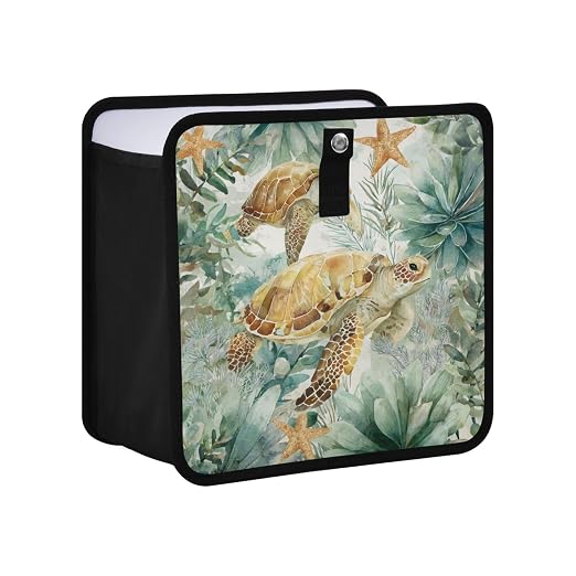 Car Trash Can Organizer Bin with Adjustable Strap for Back Front Seat Console Waterproof Leakproof Collapsible Portable 8.66 Inch Sea Turtle Starfish Plants