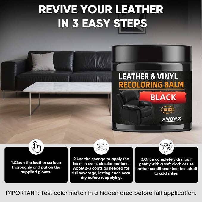 Leather Recoloring Balm - Scratch Repair & Color Restore Kit for Faded Leather, Leather Couch & Car Seats - 10OZ Leather Restorer Balm for Furniture, Auto Interior, Vinyl, Accessories (Black)