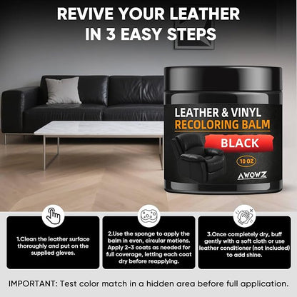 Leather Recoloring Balm - Scratch Repair & Color Restore Kit for Faded Leather, Leather Couch & Car Seats - 10OZ Leather Restorer Balm for Furniture, Auto Interior, Vinyl, Accessories (Black)