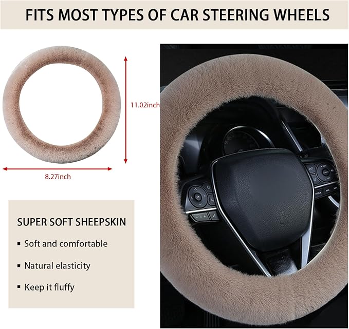 Ziciner Fuzzy Steering Wheel Cover, 15 inch Soft Wool Fur Steering Wheel Protector, Fluffy Wheel Covers for Winter Warm, Car Interior Decoration Accessories for Women Men (Light Brown)