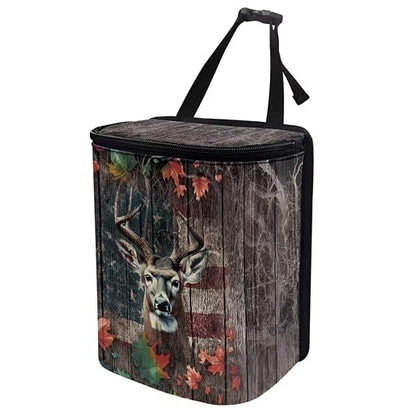 Talayituse Deer Wood American Flag Print Car Trash Can, Portable Auto Garbage Bin Multifunctional Vehicle Interior Accessories with Adjustable Straps Universal Fit Truck SUV Sedan