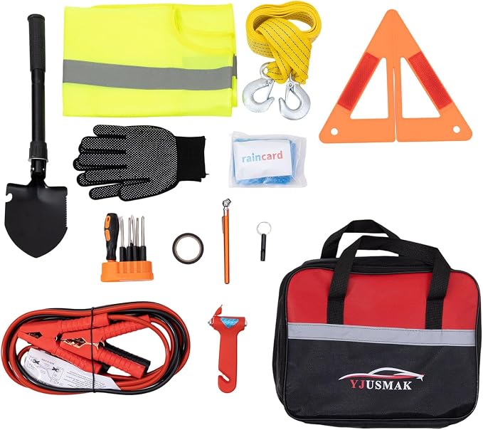 Car Roadside Emergency Kit with Jumper Cables, Tow Rope, Folding Shovel, Auto Vehicle Truck Safety Emergency Road Side Assistance Kits for Men, Women, Teenagers