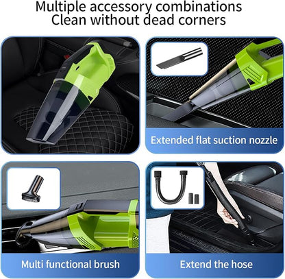 Cordless Car Vacuum: Portable Handheld Vacuum with LED Light, High Power Suction, Lightweight Rechargeable Hand Vacuum Cleaner for Car, Home, Office, and Pet Hair - Green