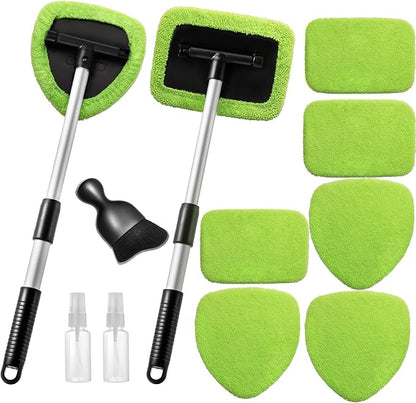 Qydipclin 11pcs Windshield Cleaner Tool, Car Window Cleaning Wash Kit with 6 Reusable Microfiber Pads 2 Spray Bottles and Extendable Handles Auto Glass Wiper Kit, Green