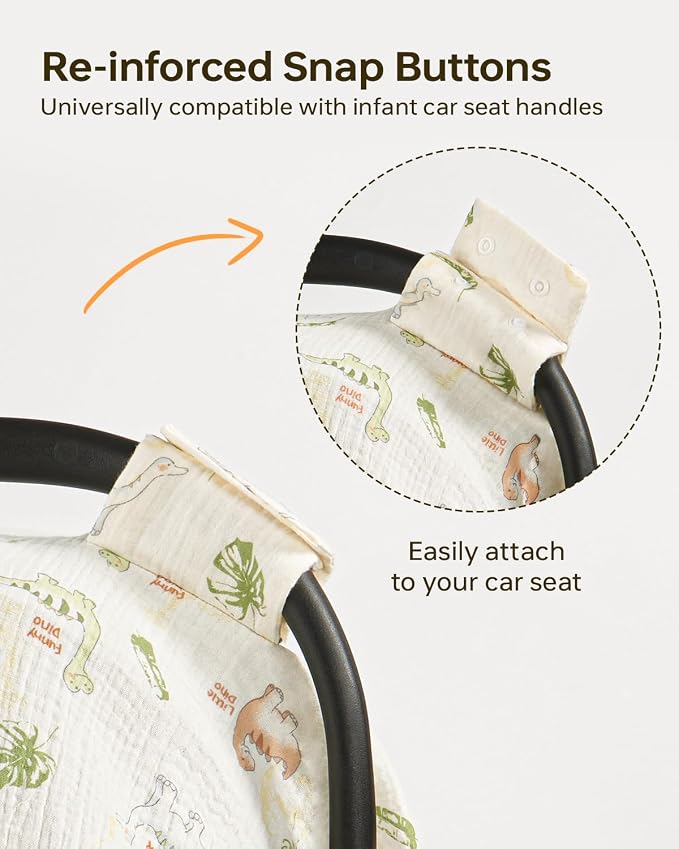 100% Muslin Cotton Car Seat Cover for Baby, Soft Breathable Car Seat Canopy, Universal Infant Carseat Cover Sun Protector, Lightweight Summer Stroller Cover for Boys Girls - Dinosaur