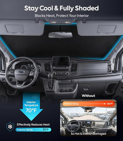 Wigoo for Ford Transit Windshield Sunshade [OEM Design, 100% Sun Blockage] Foldable Heat Insulation Sun Shade with Storage Bag, for Ford Transit (2015-2026), Silver Coating