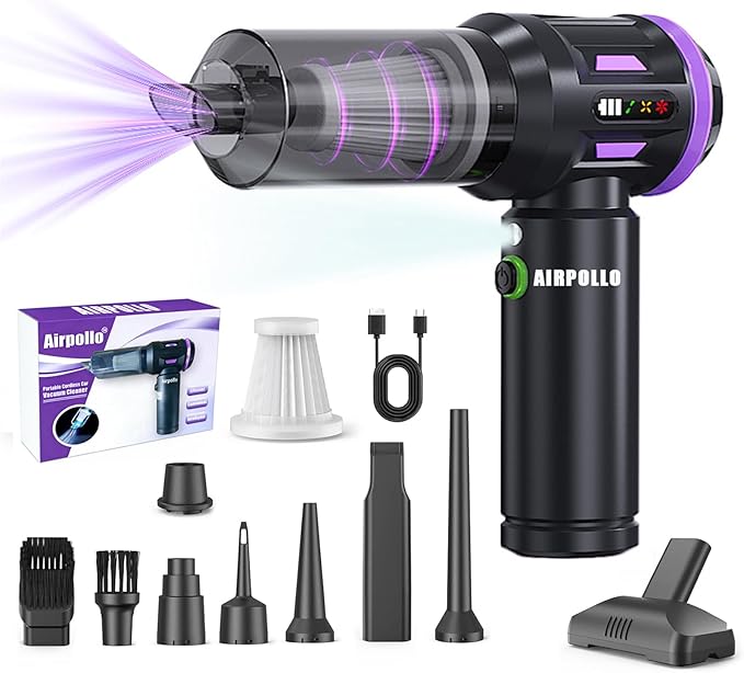 Airpollo® Car Vacuum Portable Cordless Handheld Cleaner Aspiradora para Carro, 4 in 1 with LED Screen V2 Portable 29000 Pa Suction Air Blower, Rechargeable High Power for Home, Long Lasting Battery