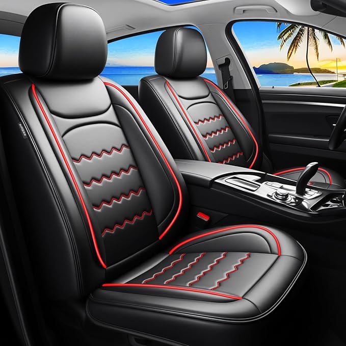 Ranger Car Seat Covers Custom Fit for Ford Ranger 2019-2026, Full Coverage Leather Waterproof Breathable Seat Covers, Automotive Seat Protectors, Airbag Compatible(2 Front Seats, Black & Red)