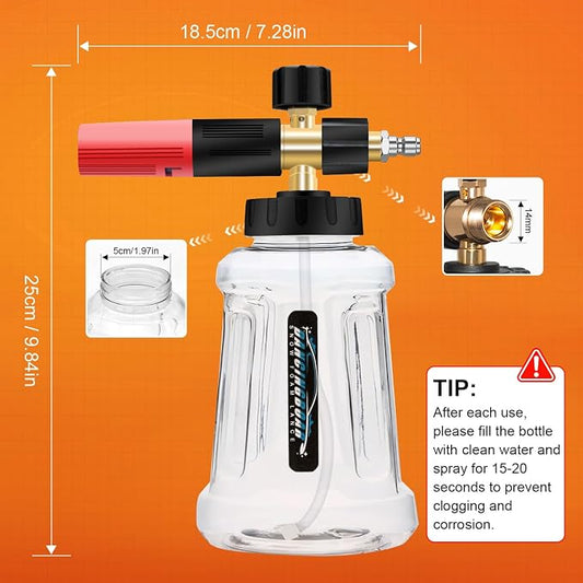 Foam Cannon For Pressure Washer, Car Wash Spray Gun with M22 and 1/4 Inch Quick Connector, 1L Bottle Foam Lance, Car Wash Foam Cannon Compatible With Most Pressure Washer (3600PSI, Red)